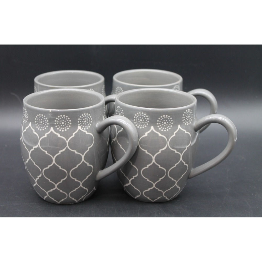 Set of 4 Baum Moroccan Gray White Coffee Mugs Stoneware Cups Geometric Pattern